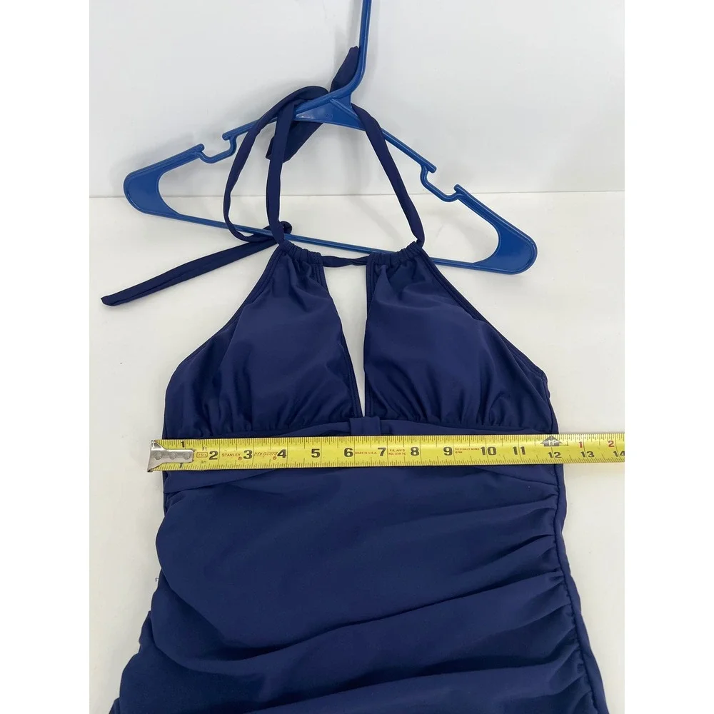 Tempt Me Womens Navy Blue Halter One Piece Swimsuit Ruched‎ V-Neck Size S
